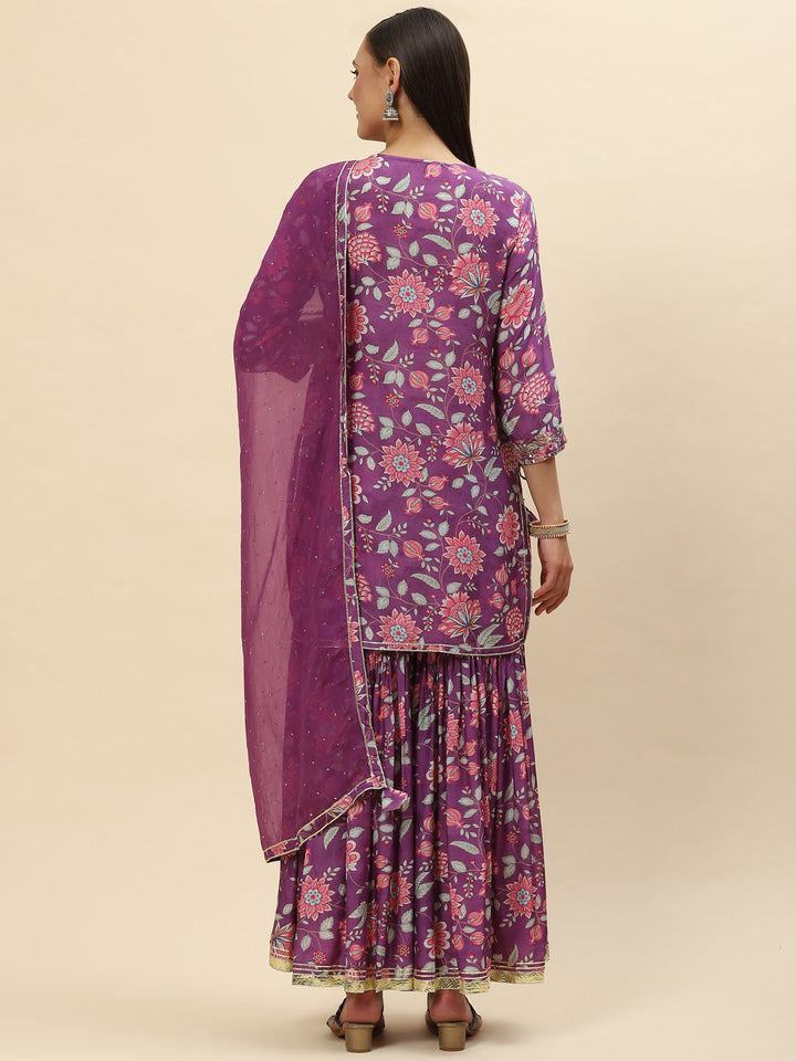 Floral Digital Printed Chanderi Kurta With Garara &amp; Dupatta
