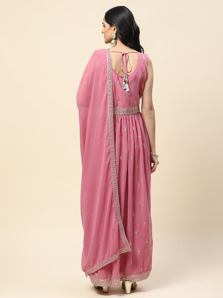 Zari Booti Embroidered Georgette Kurta With Palazzo &amp; Dupatta