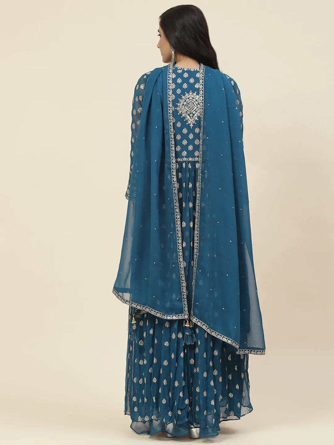 Sequin Embroidered Georgette Kurta With Sharara &amp; Dupatta