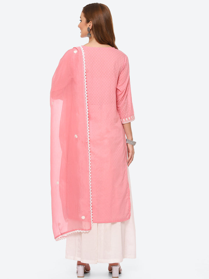 Resham Neck Embroidered Cotton Kurta With Sharara &amp; Dupatta