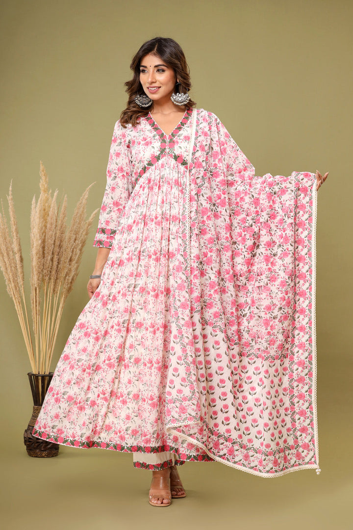 Floral Printed Cotton Kurta With Pants &amp; Dupatta