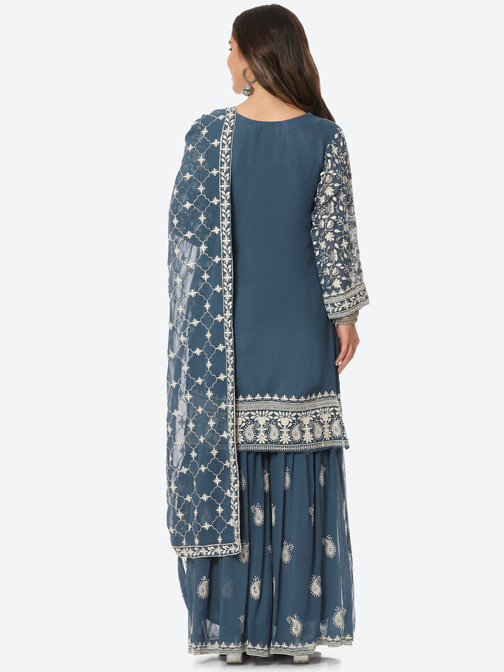 Resham Embroidered Georgette Kurta With Garara &amp; Dupatta