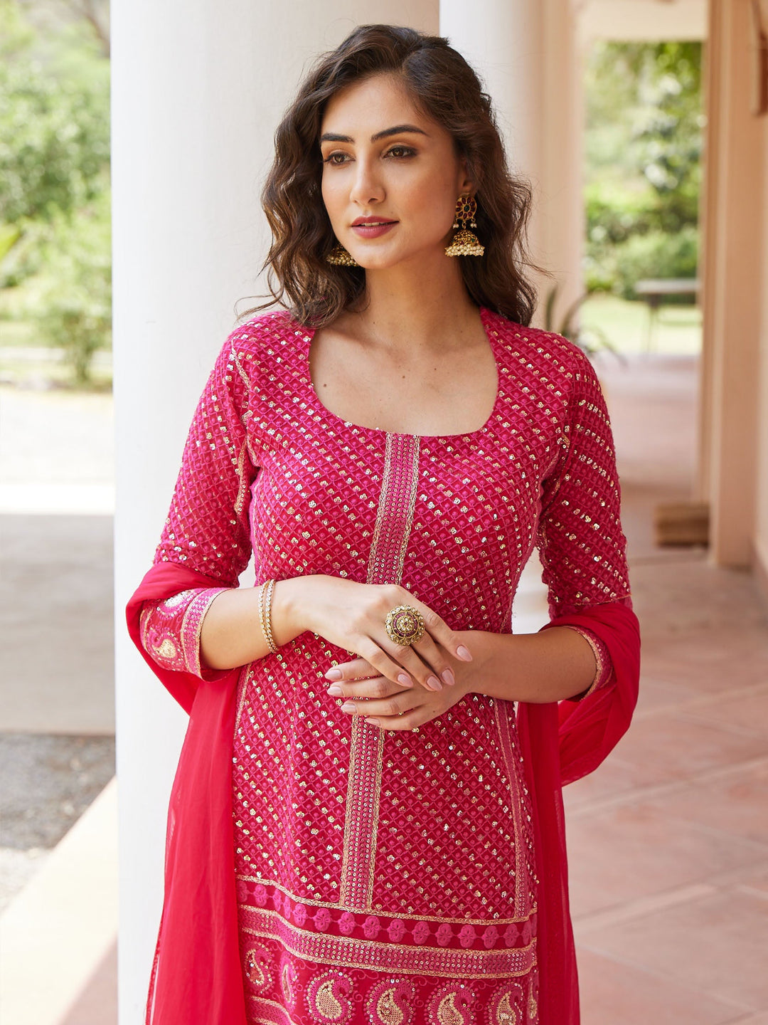Sequin Georgette Kurti With Sharara &amp; Net Dupatta
