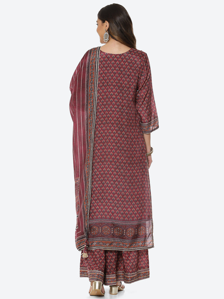 Printed Gota Neck Cotton Kurta With Palazzo &amp; Dupatta