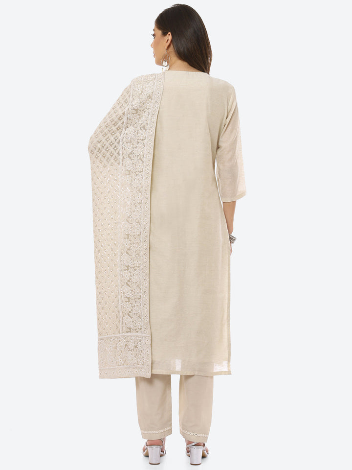 Resham Neck Booti Chanderi kurta With Pant &amp; Dupatta