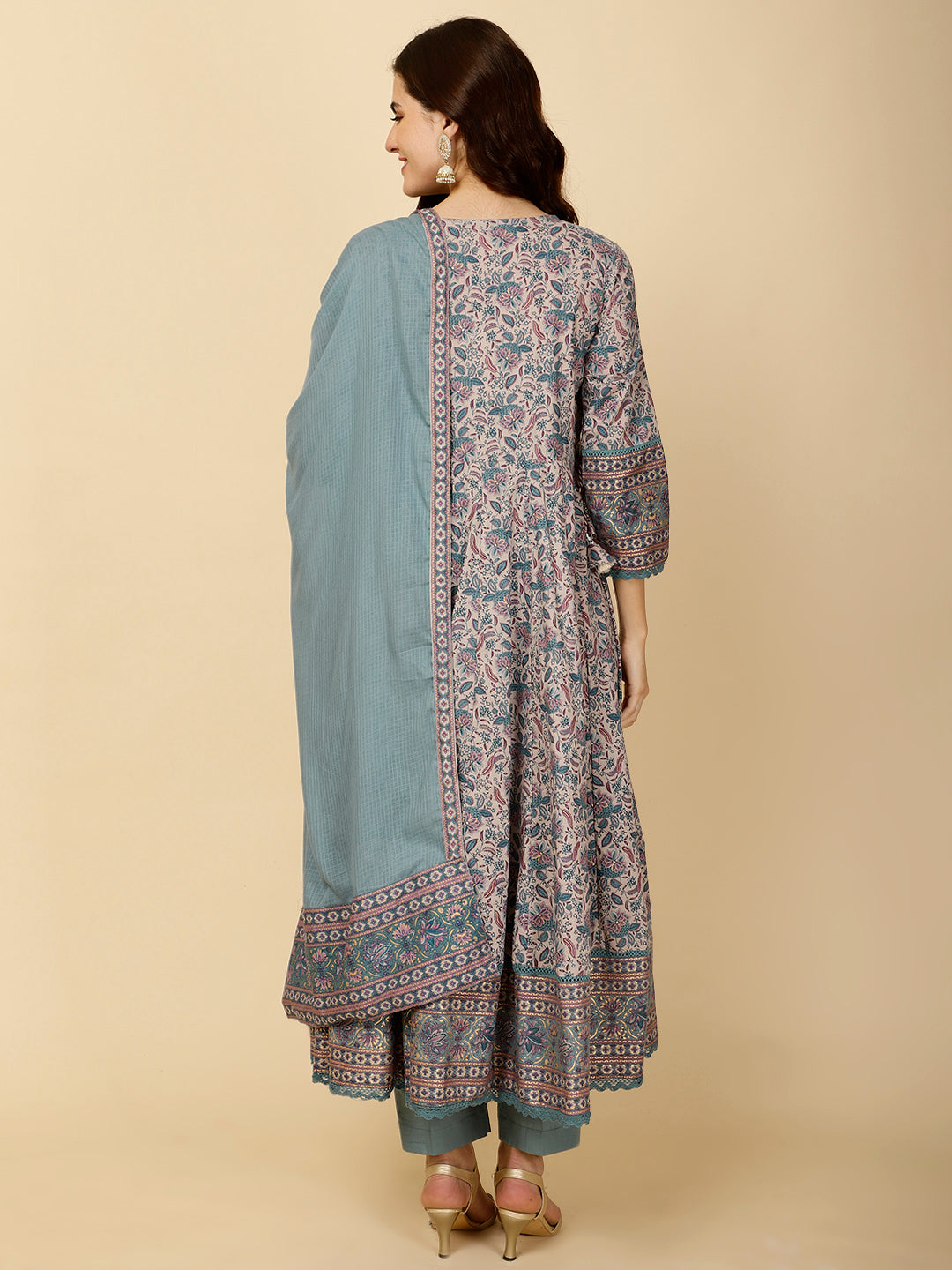 Floral Block Printed Anarkali Kurta With Pants &amp; Dupatta