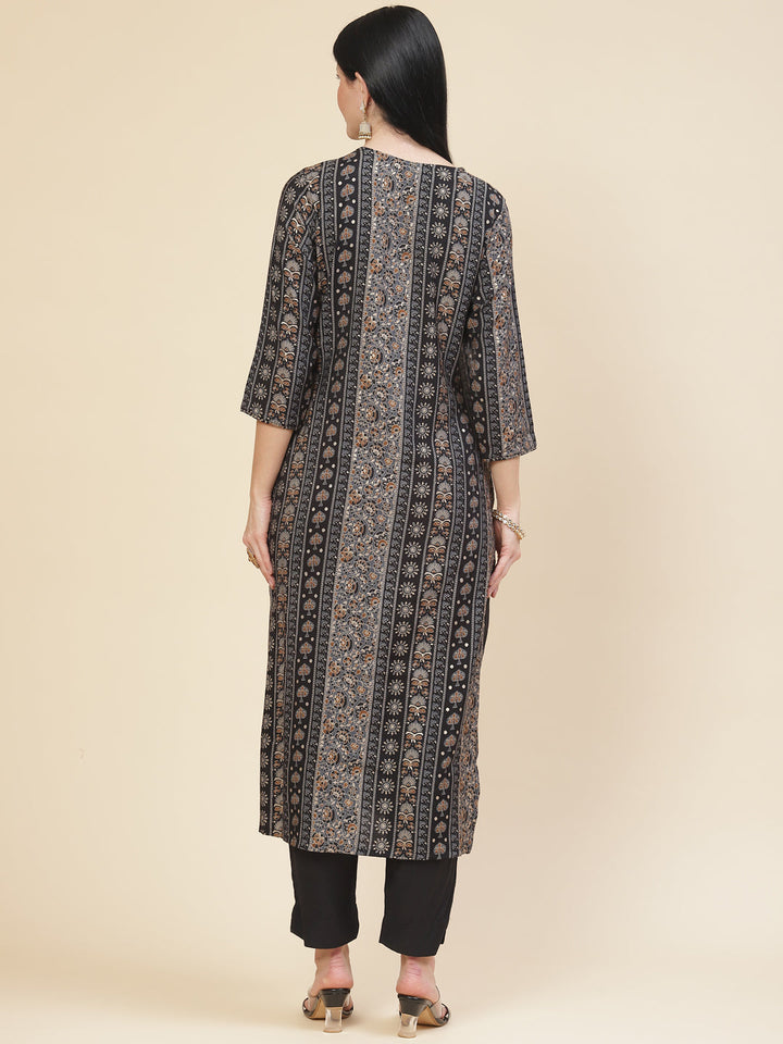 Neck Embroidered &amp; Printed Muslin Kurta With Pants