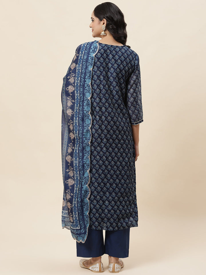 Floral Printed Chanderi Kurta With Pants &amp; Dupatta