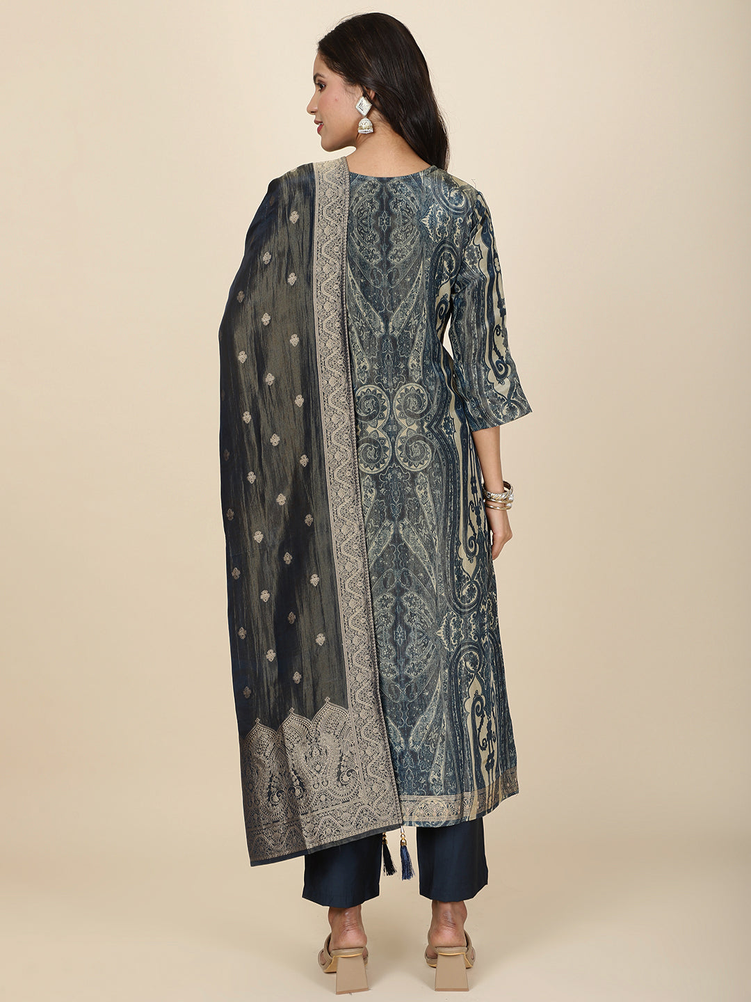 Neck Embroidery Tissue Kurta With Pants &amp; Dupatta