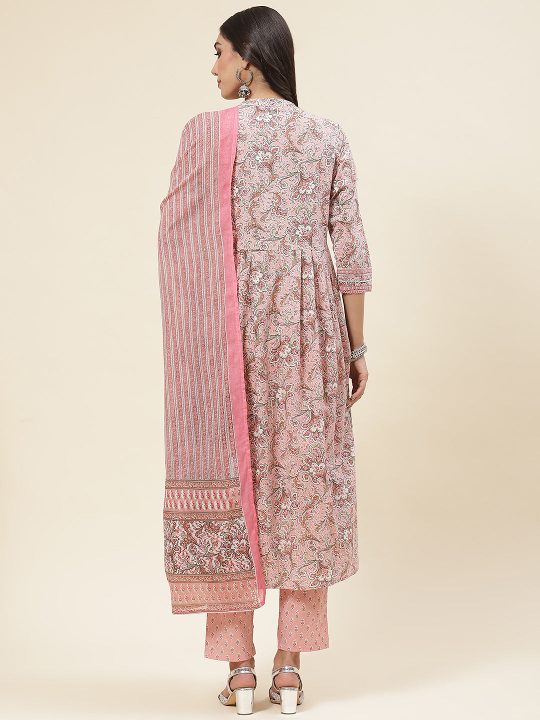 Floral Printed Cotton Kurta With Pants &amp; Dupatta