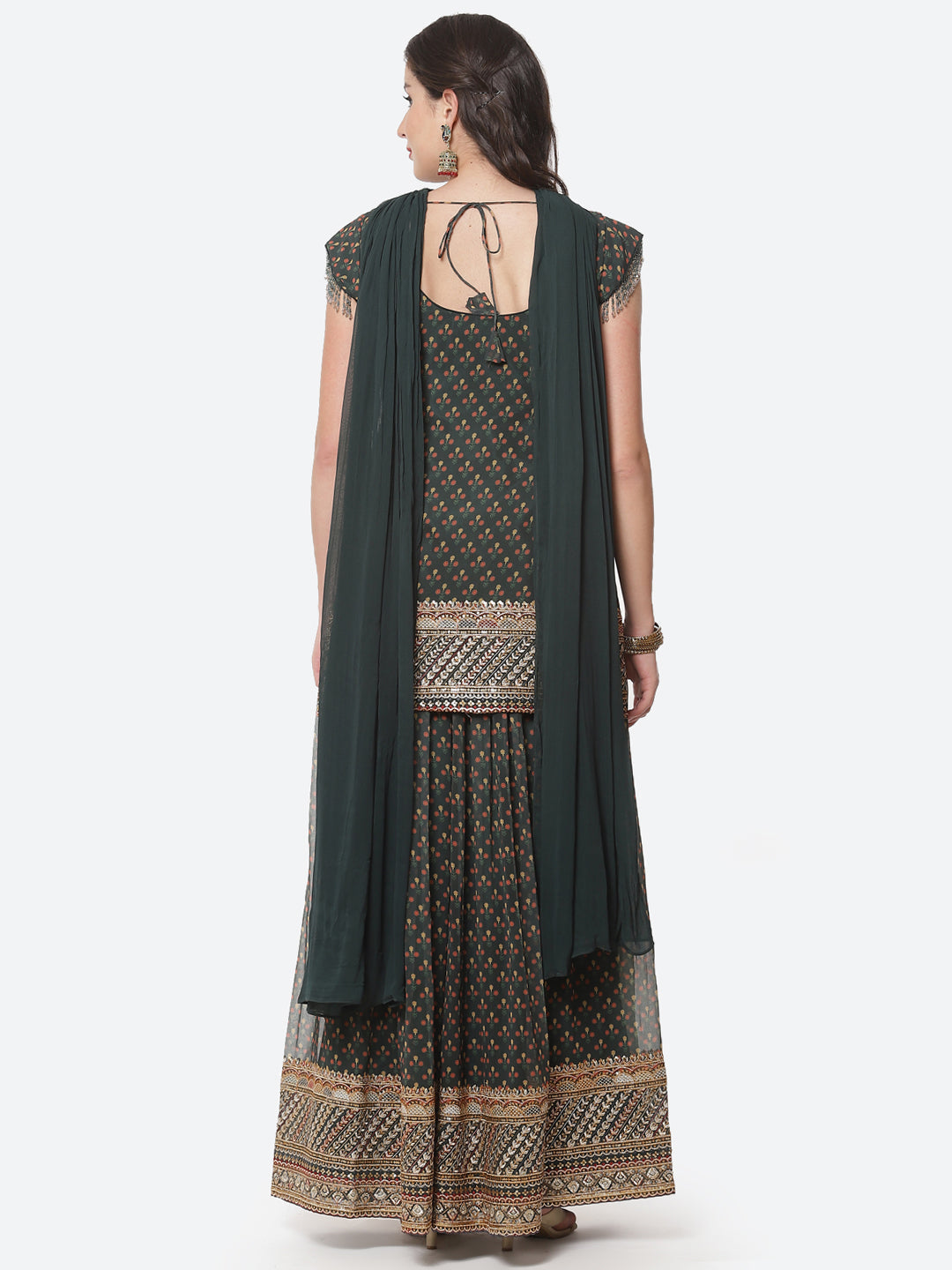 Printed Zari Border Booti Georgette Stitched Salwar Kameez With Net Dupatta