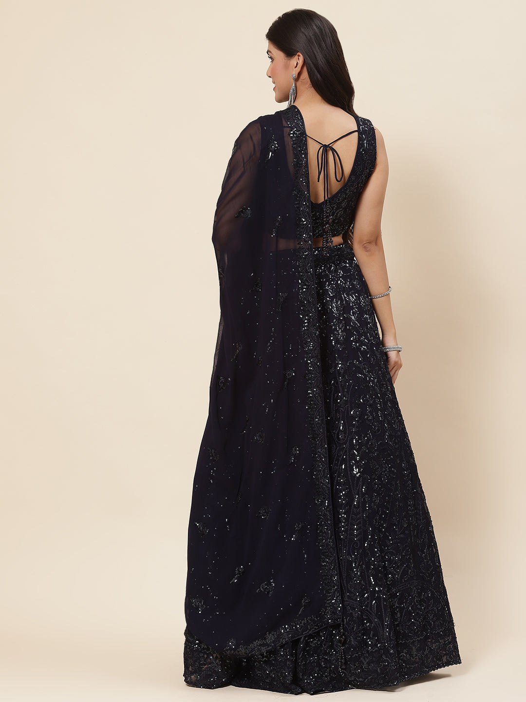 Sequin Resham Embroidered Georgette Choli With Lehenga &amp; Dupatta