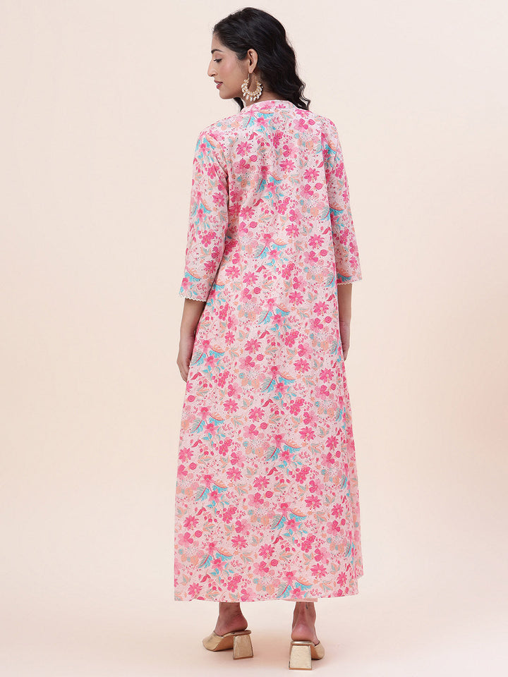 Floral Printed Cotton Gown With Jacket