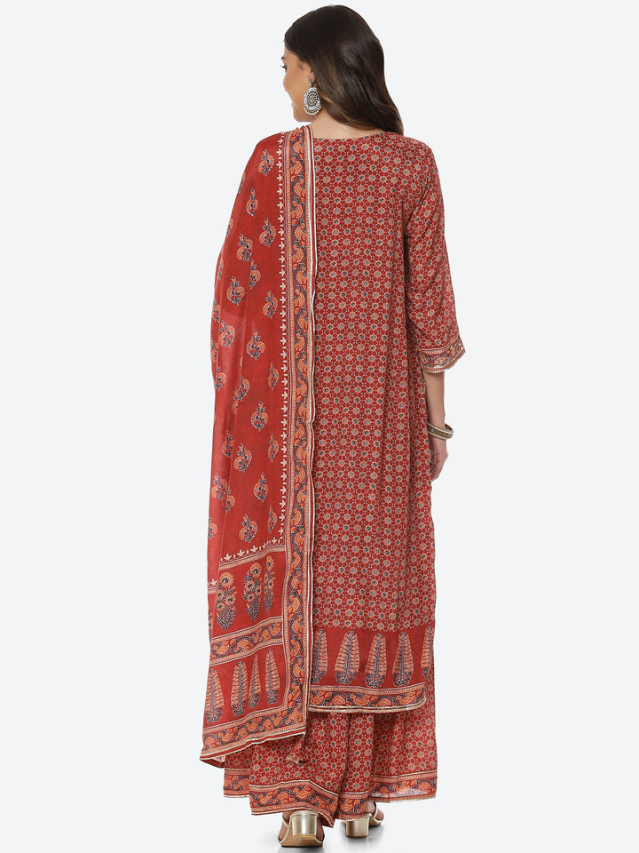 Gota Neck Printed Cotton Kurta With Garara &amp; Dupatta