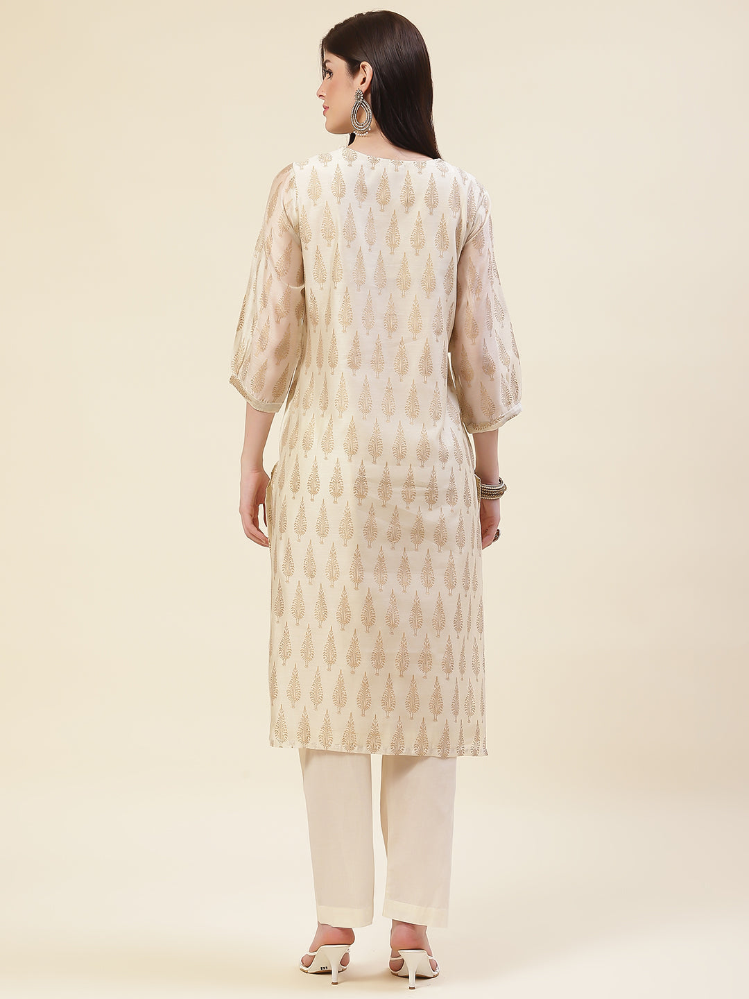 Neck Embroidered &amp; Printed Muslin Kurta With Pants