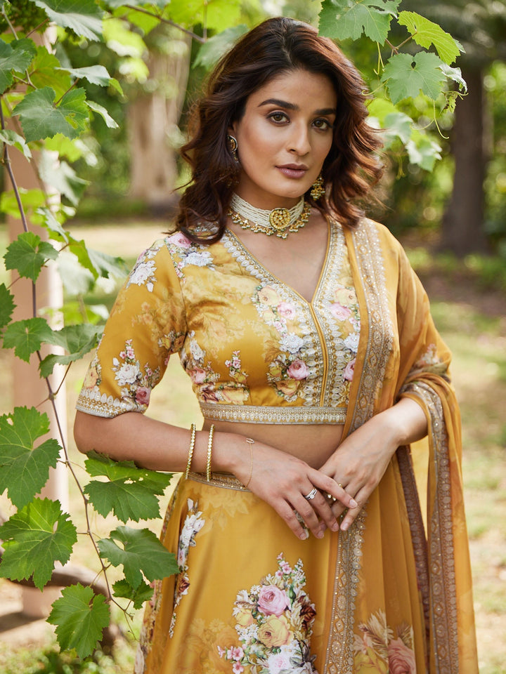 Floral Digital Printed Satin Choli With Lehenga &amp; Crepe Dupatta