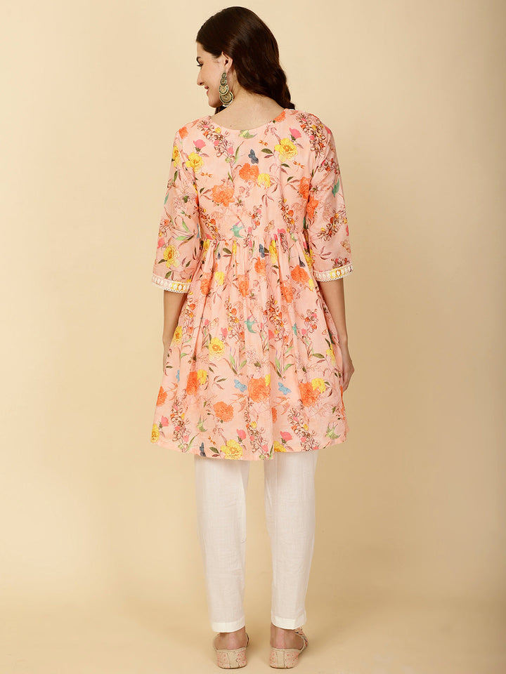 Chikankari &amp; Floral Printed Cotton Kurti