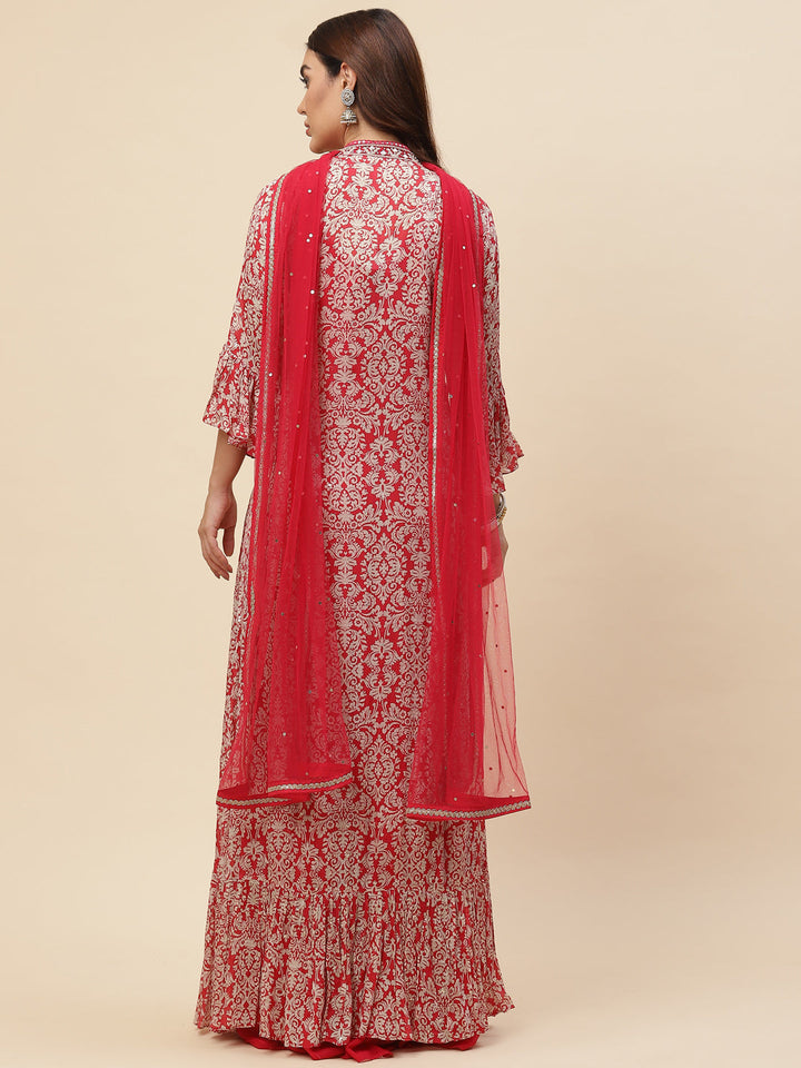 Neck Embroidered Georgette Gown With Jacket &amp; Dupatta