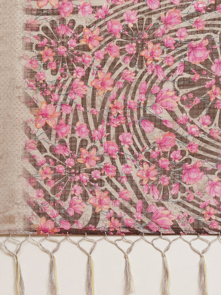 Digital Floral Printed With Zari Border Cotton Saree