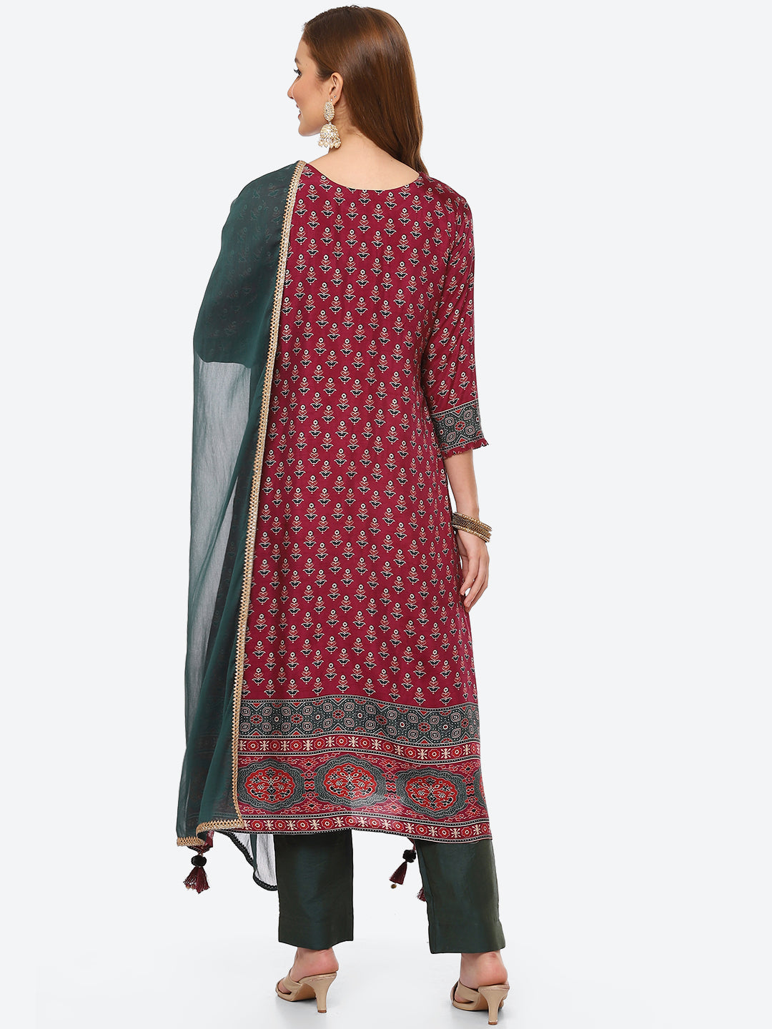 Printed Booti Cotton Kurta With Pant &amp; Chiffon Dupatta
