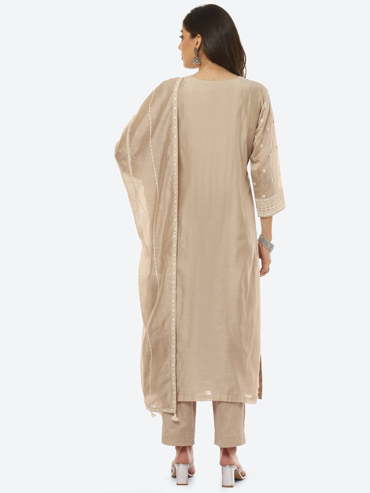 Resham Neck Booti Cotton Kurta With Pant &amp; Dupatta