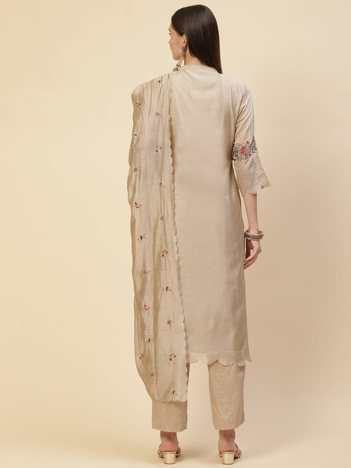 Zari Embroidered Cotton Kurta With Pants &amp; Dupatta