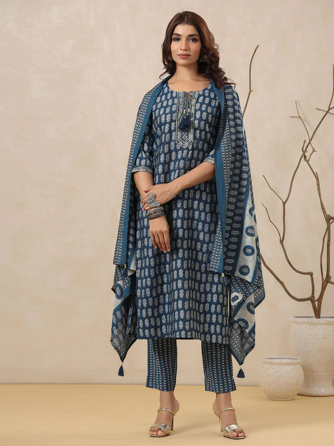 Block Printed Muslin Kurta With Pants &amp; Dupatta