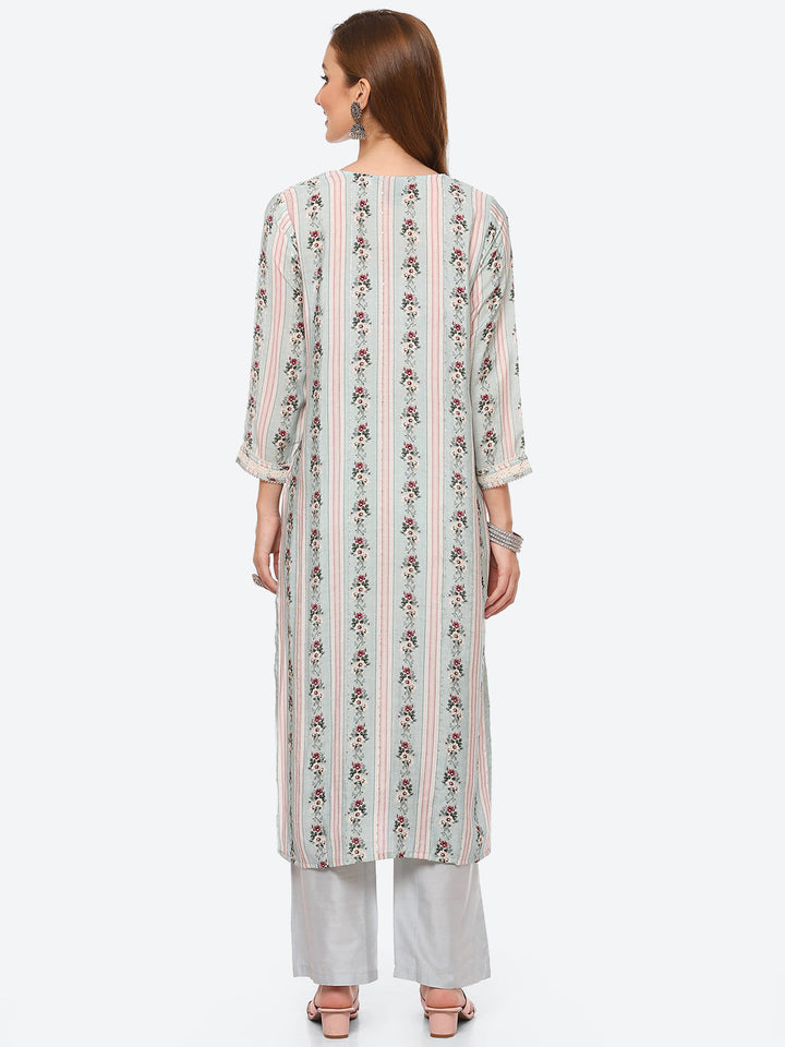 Resham Work Floral Printed Muslin Kurta With Pant
