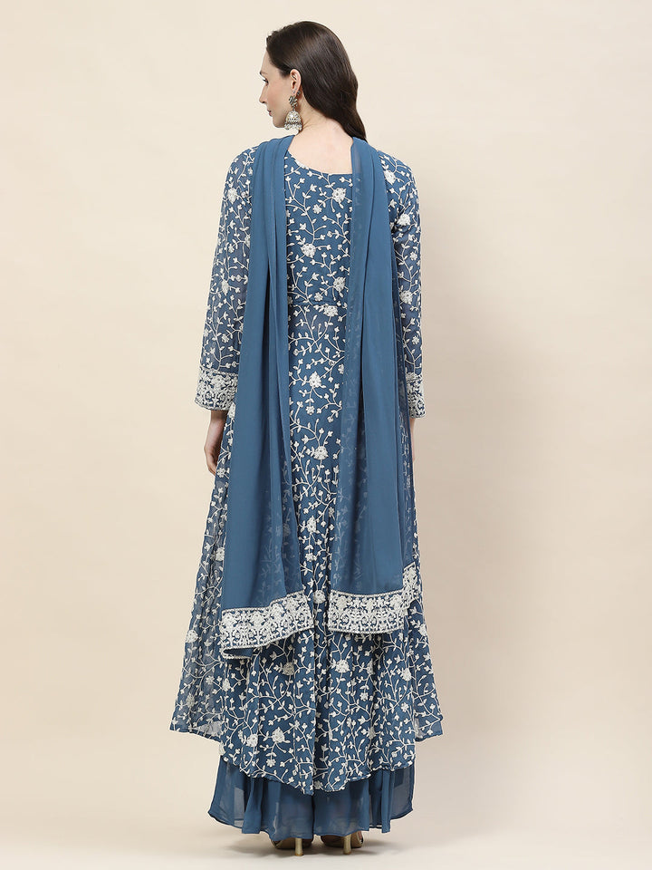 Resham Embroidery Georgette Kurta With Sharara &amp; Dupatta