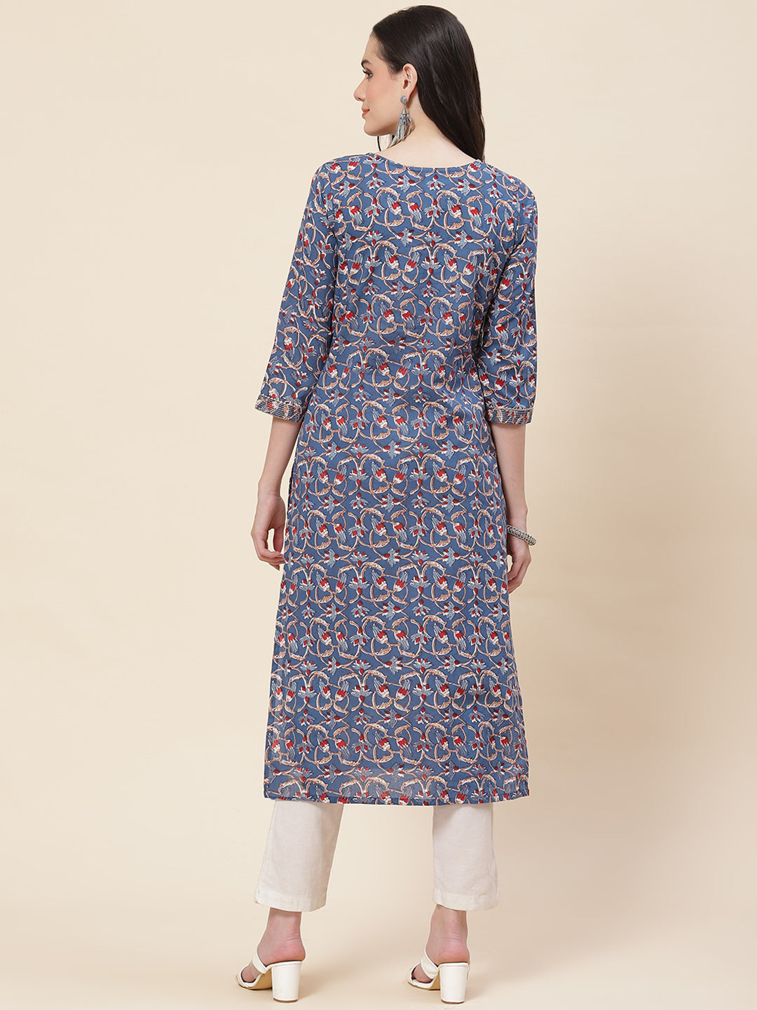 Printed &amp; Neck Embroidered Cotton Kurta