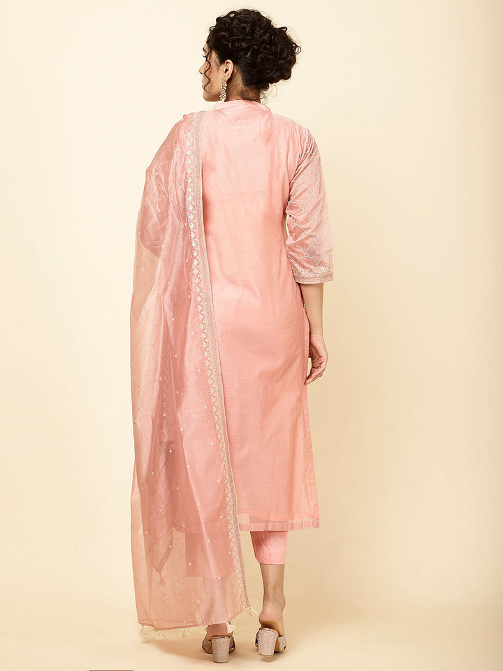 Embroidered Chanderi Kurta With Pants &amp; Dupatta