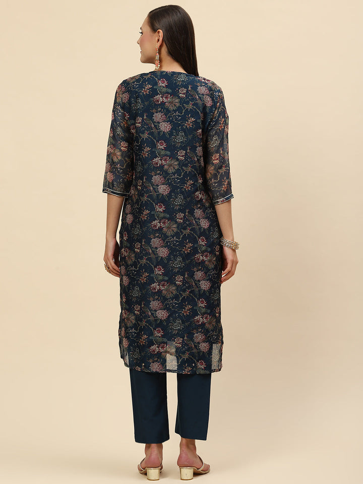 Floral Printed Chanderi Kurta With Pants