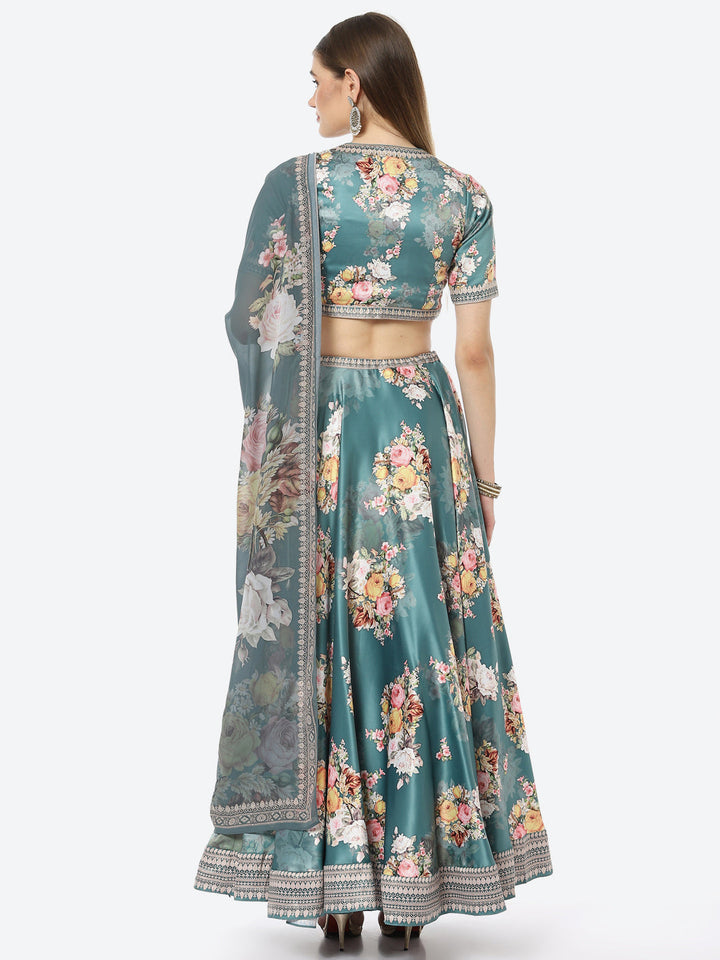Floral Digital Printed Satin Choli With Lehenga &amp; Crepe Dupatta