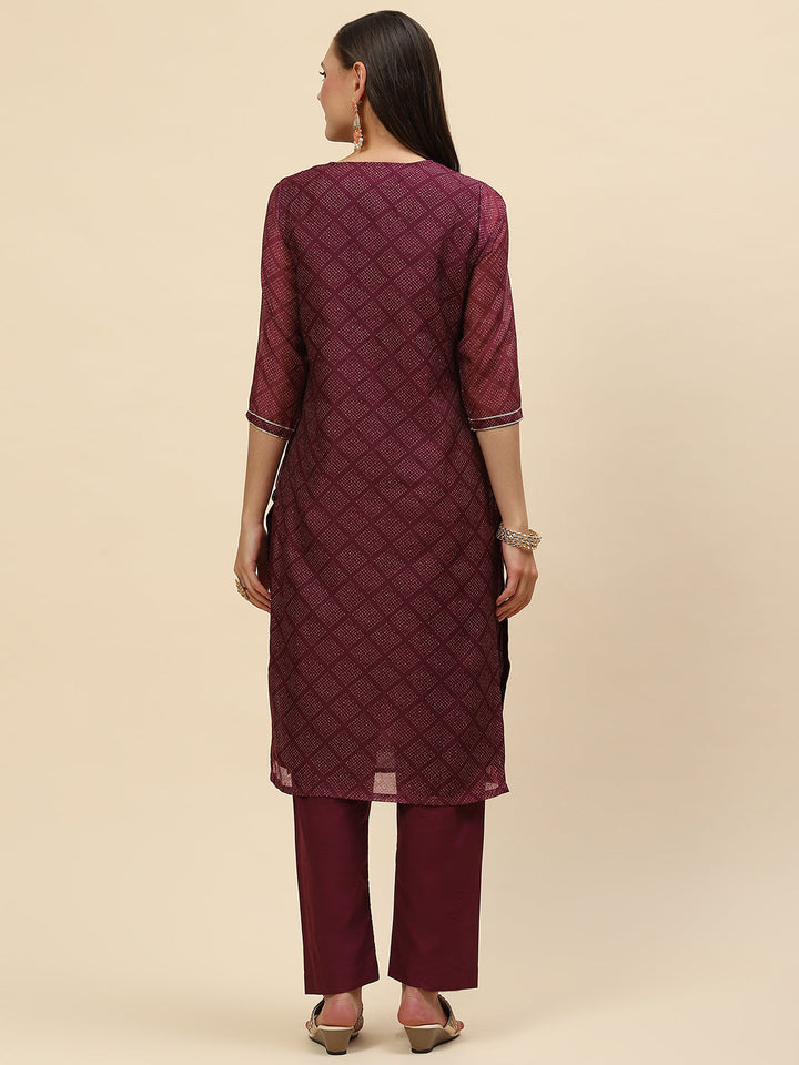 Mirror Embroidered &amp; Printed Chanderi Kurta With Pants