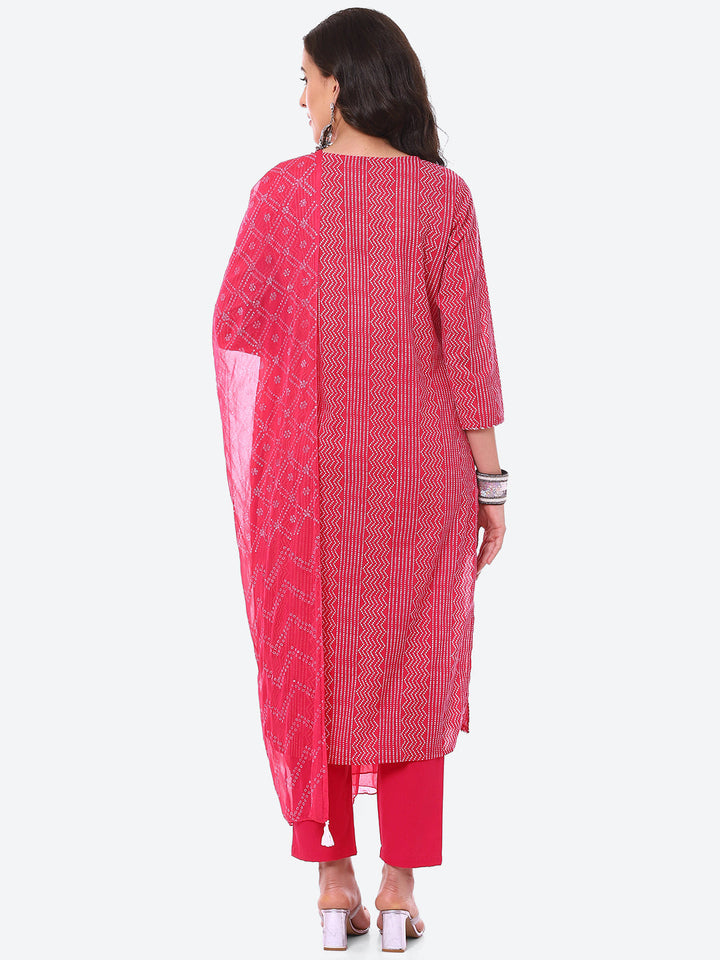 Bandhani Printed Cotton Kurta With Pant &amp; Dupatta