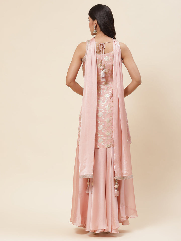 Floral Woven Georgette Kurta With Sharara &amp; Dupatta