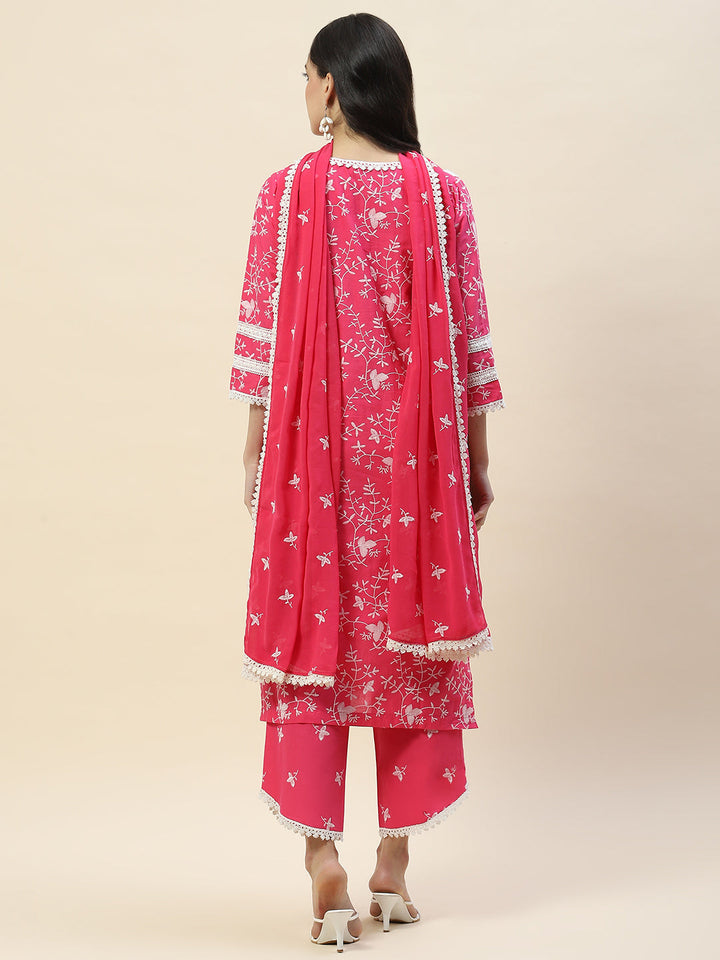 Printed &amp; Embroidered Cotton Suit Set With Dupatta