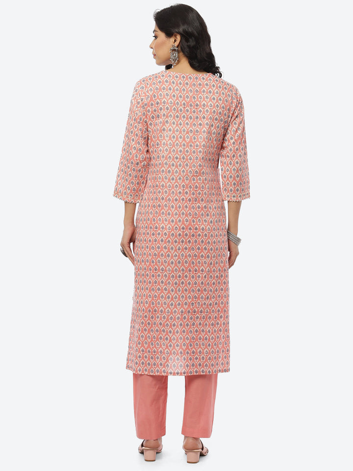 Printed Gota Neck Cotton Kurti With Pant