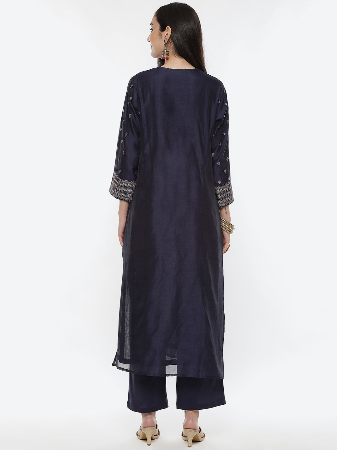 Embroidered Zari Neck Chanderi Kurti With Pant