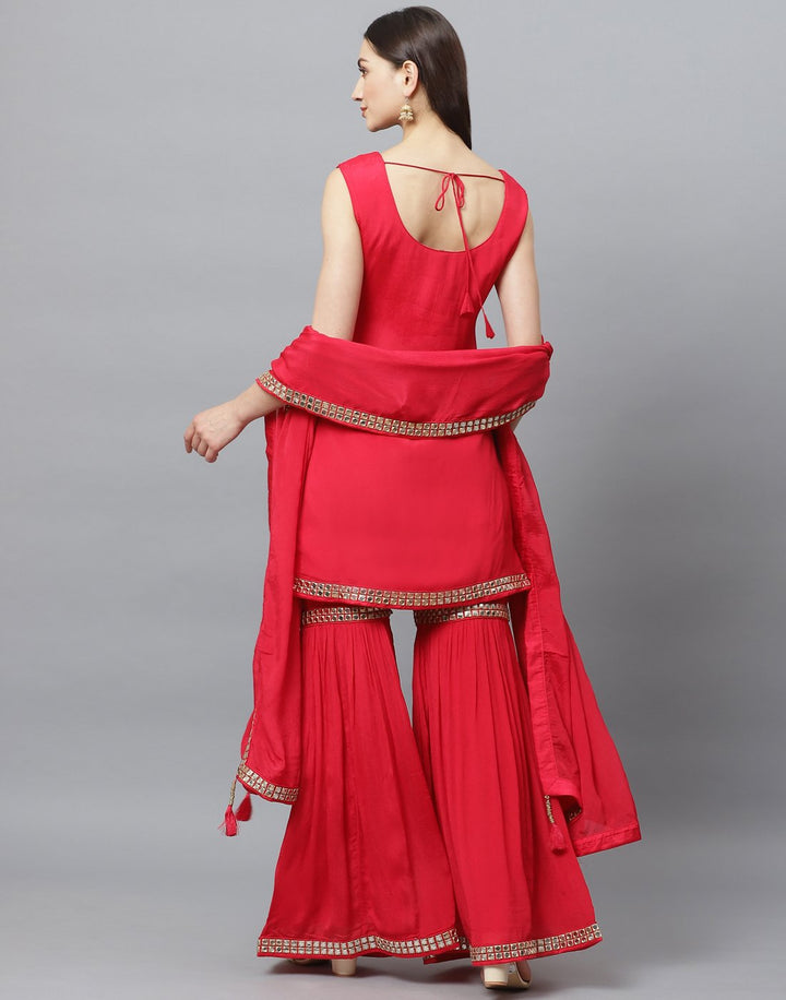 Elegant Red Art Crepe Stitched Gharara Set