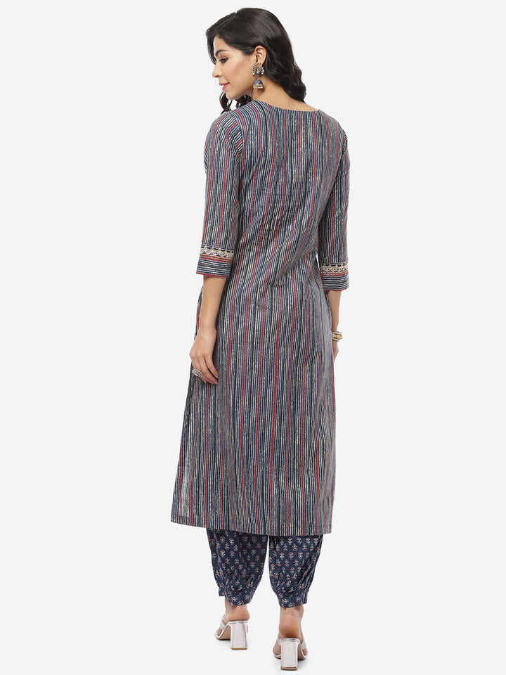 Printed Zari Neck Cotton Kurti With Afghani Pant