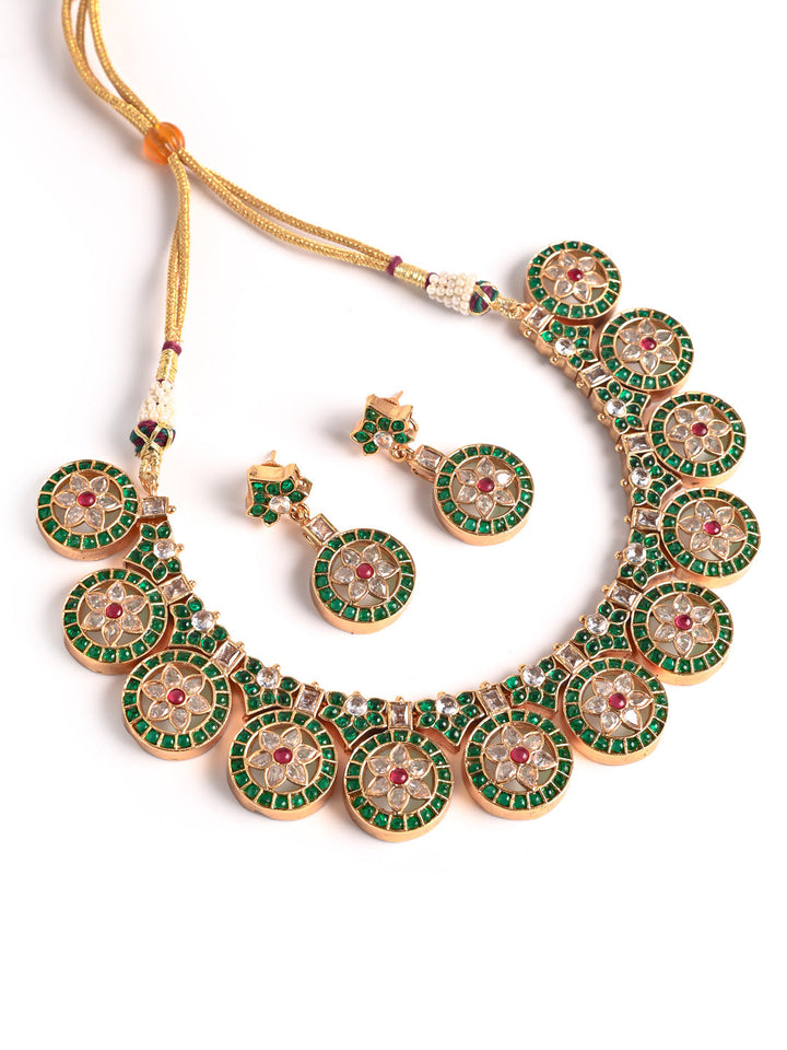 Golden &amp; Green Kundan Necklace Set With Earrings