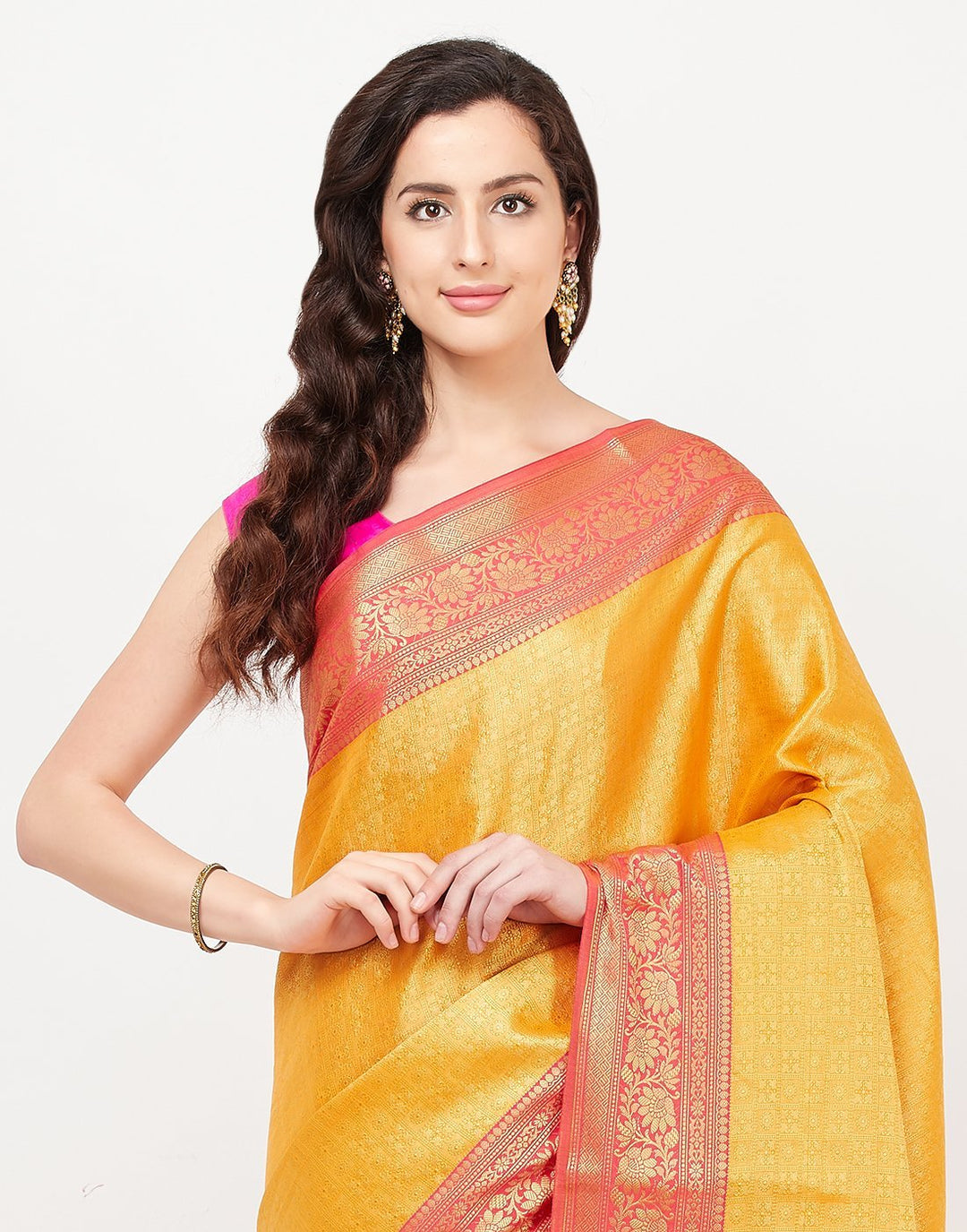 MBZ Meena Bazaar-Mustard Cotton Woven Saree