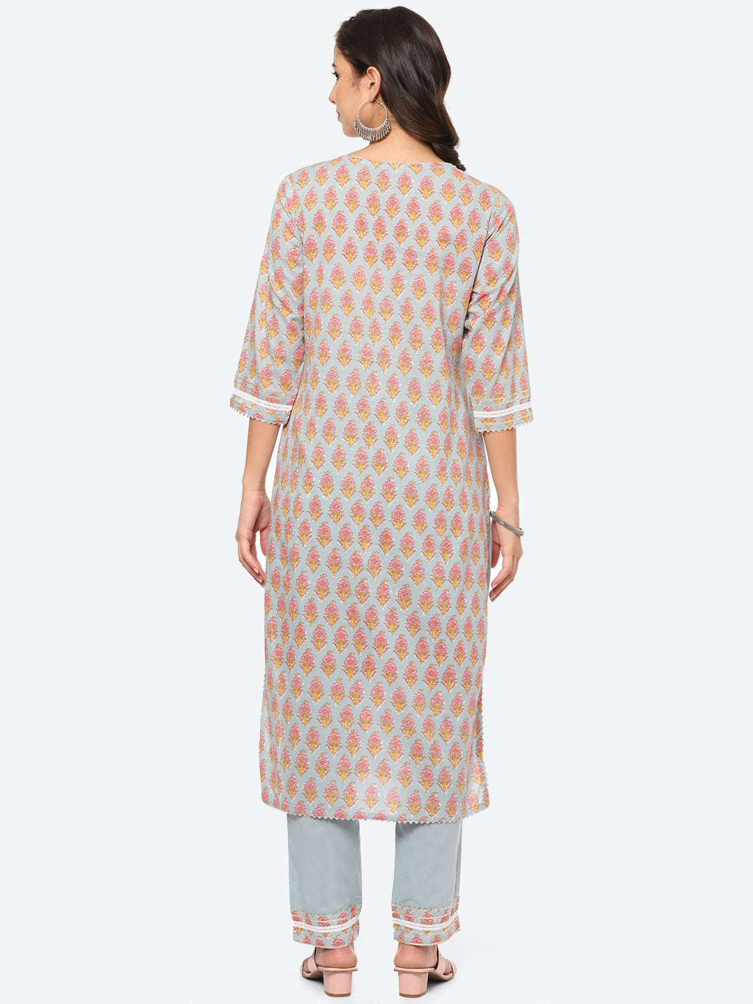 Zari Neck Embroidered Cotton Kurta With Palazzo
