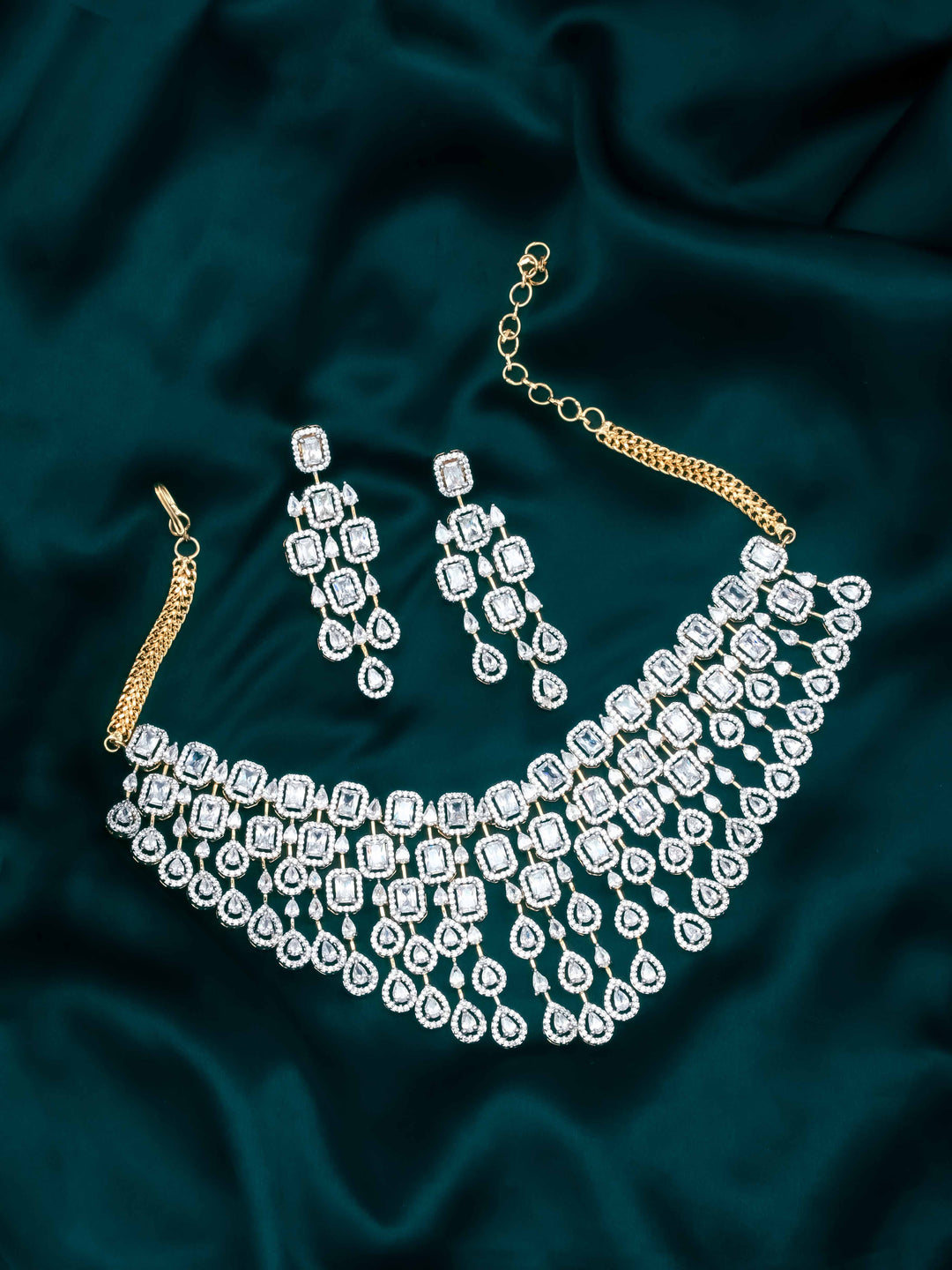 Golden White Stone Necklace With Earrings