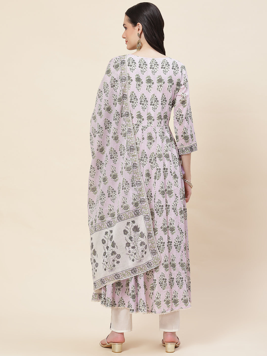 Floral Printed Cotton Kurta With Pants &amp; Dupatta