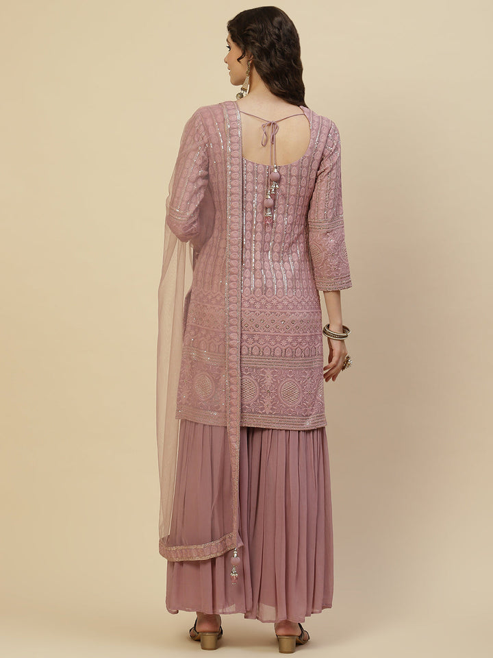 Resham Sequin Embroidered Georgette Kurta With Palazzo &amp; Dupatta