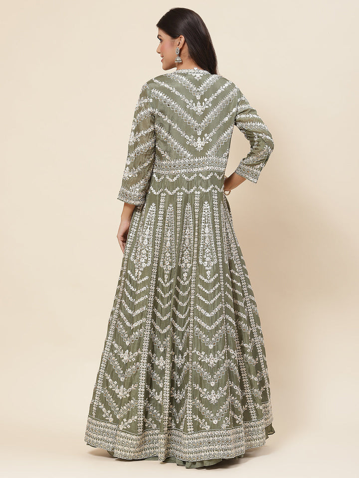 Resham Embroidered Crepe Choli With Lehenga &amp; Jacket