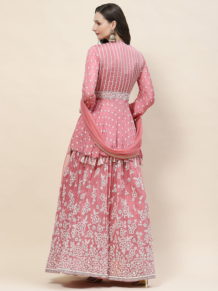 Resham Jaal Embroidery Crepe Choli  Jacket With Lehenga &amp; Dupatta