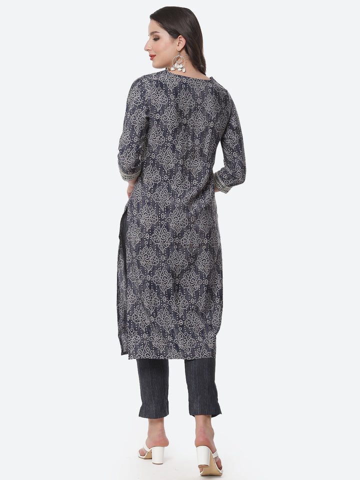 Bandhani Printed Zari Neck Cotton Kurti With Pant